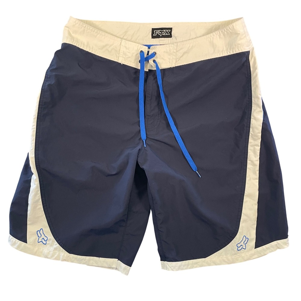 Fox Racing Board Shorts Mens 34‎ Blue White 10" Inseam Swim Surfing Racing FLAW